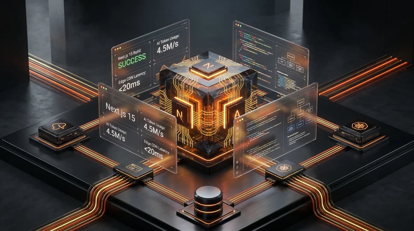 Futuristic 3D isometric cloud architecture with interconnected Next.js edge nodes and streaming AI data pipelines