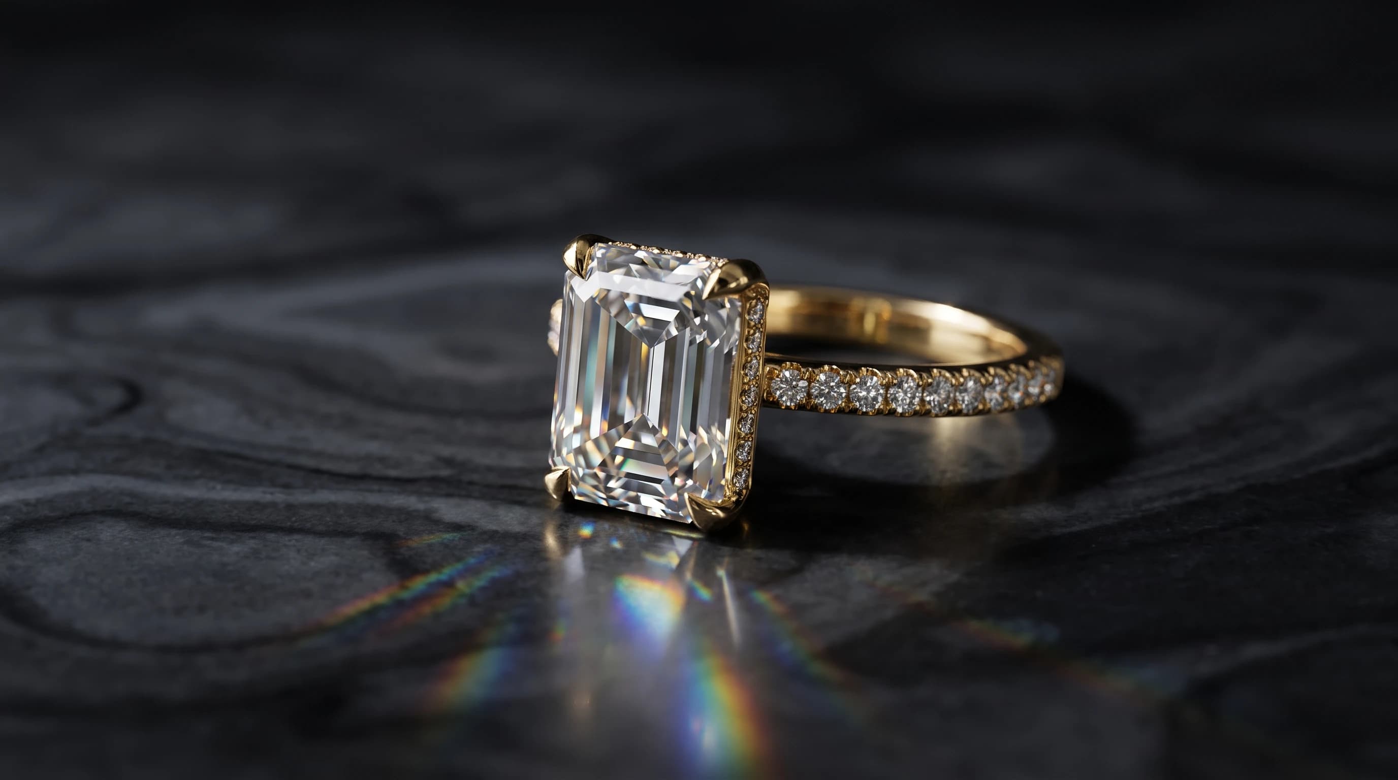 Ultra-luxury gold diamond engagement ring with cinematic macro lighting and prismatic facet refraction