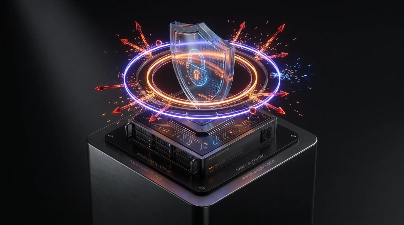 Futuristic 3D cryptographic glass shield with violet and amber cyber defense perimeter rings