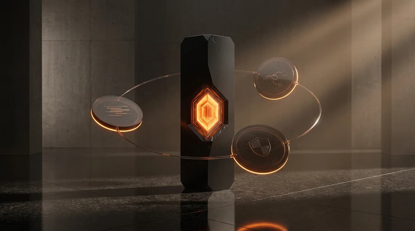 CyberSolu studio brand monolith with glowing amber core and orbiting venture disciplines